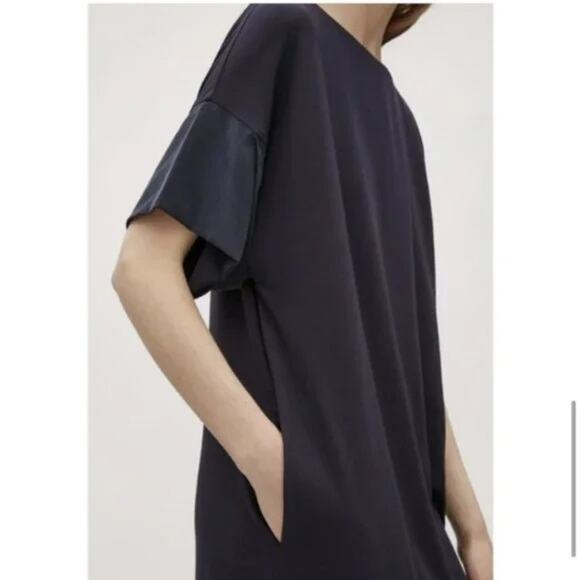 COS Navy Blue Short Flutter Sleeve Wide Round Neck Shift Jersey Dress XS NWT - Picture 1 of 11